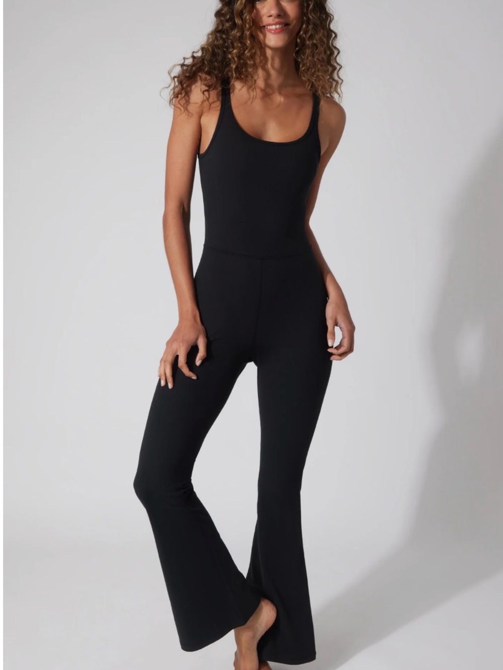 NEW Yogalicious BLACK The Felix Ribbed Scarlett Flare Jumpsuit SZ MED